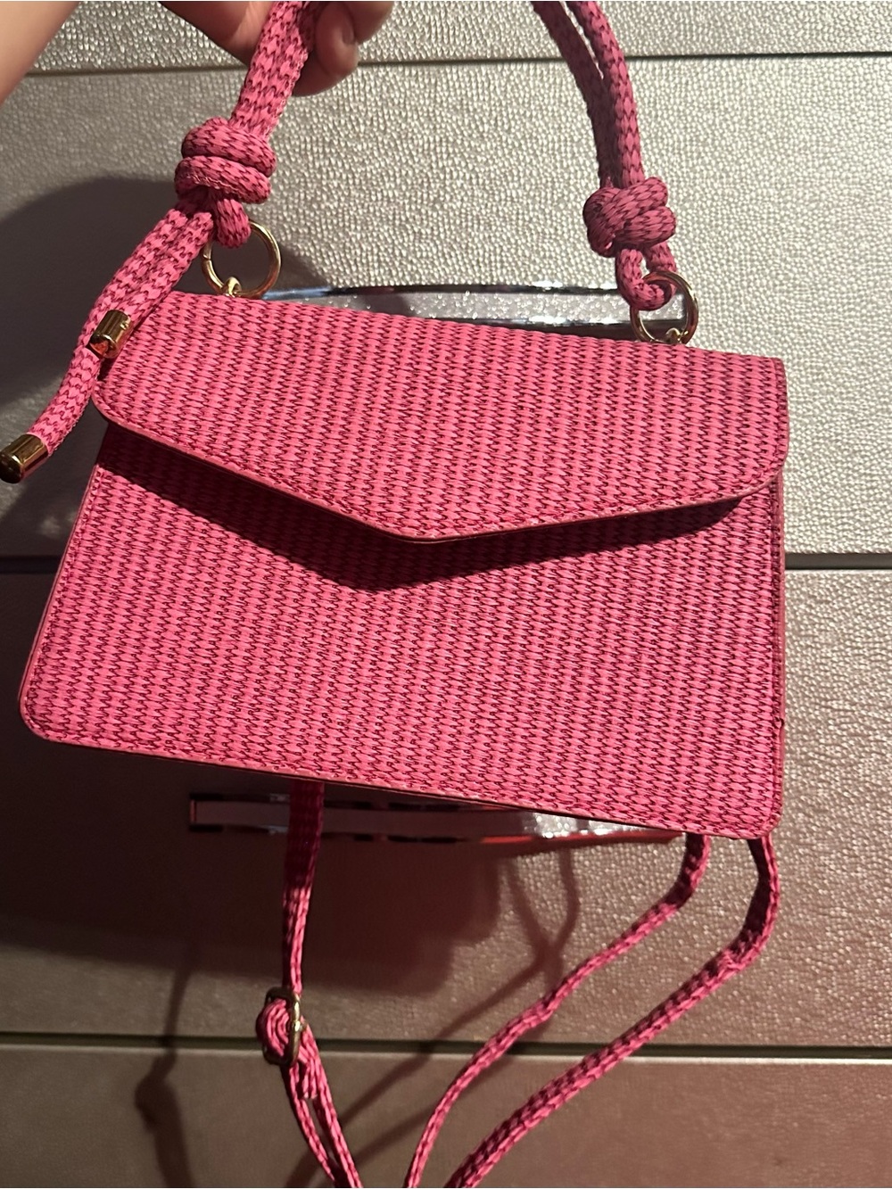Pink Woven Top-Handle Crossbody Bag
